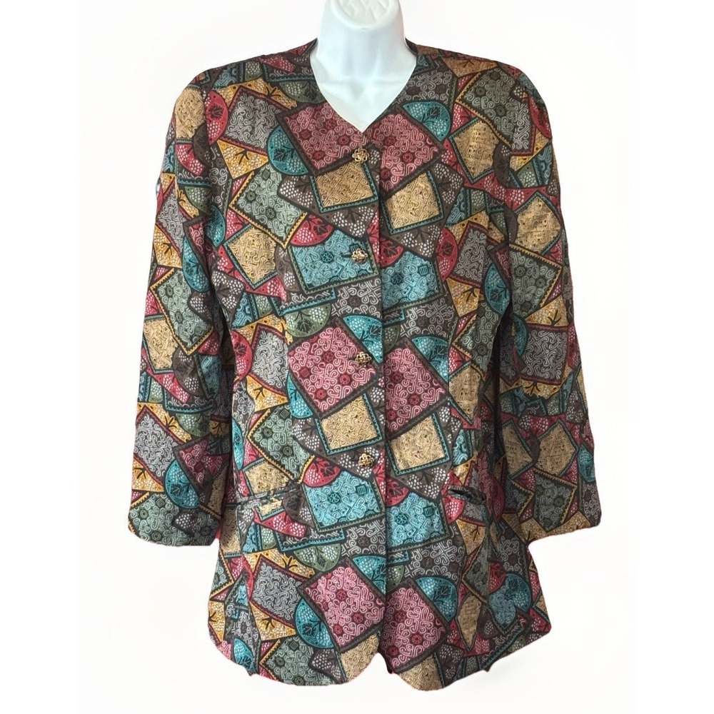 Vtg Womens Blazer Jacket Size 12 Geometric Colorful Print 1980's Retro Doncaster